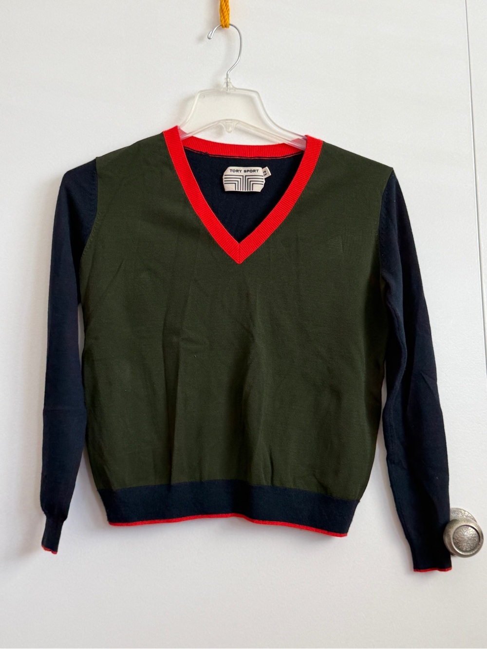 Tory Sport Olive V-Neck Sweater with Navy Sleeves and Red Trim